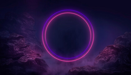 Night mountain landscape, neon circle in the center.