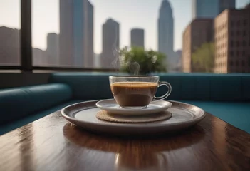 Deurstickers cup of hot coffee and tea on wood table besides window © Алексей Ковалев