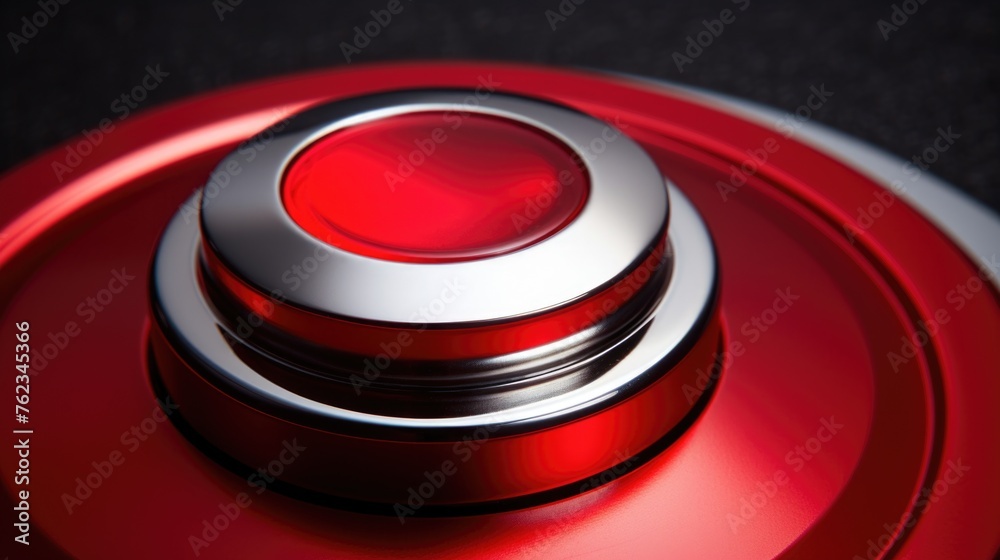 Poster A close up of a red button on a black surface. Suitable for technology and emergency concepts