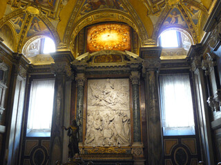 Rome (Italy). Marble engraving next to the Baptismal Font inside the Church of Santa María...