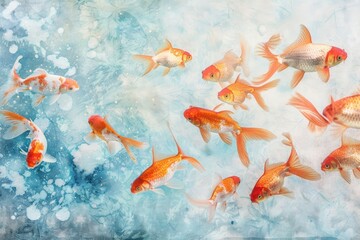 Watercolor goldfish school soft pastel background