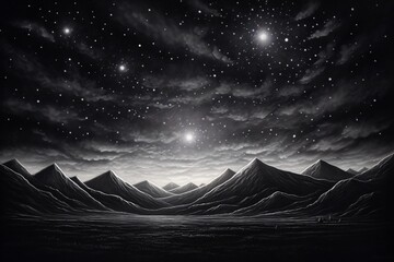 a black and white landscape with mountains and stars