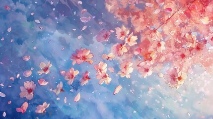 Fototapeta na wymiar Blossom petals floating sky backdrop