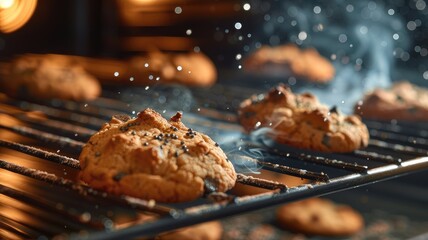 cookies baking in the oven, using macro photography to showcase the subtle changes and...