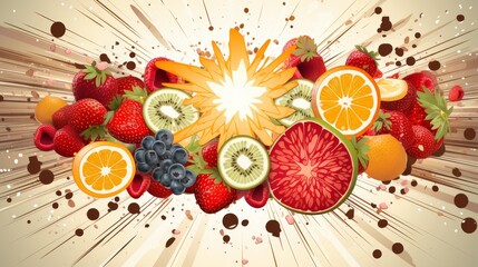 Dynamic fruit explosion background, vibrant colors, pop art style background, food concept, watercolor, banner