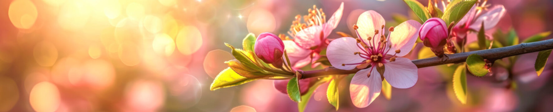 A sprig of peach with blooming pink flowers and young green leaves. Blooming peach on a magical warm spring background with bokeh. Long banner with space for text