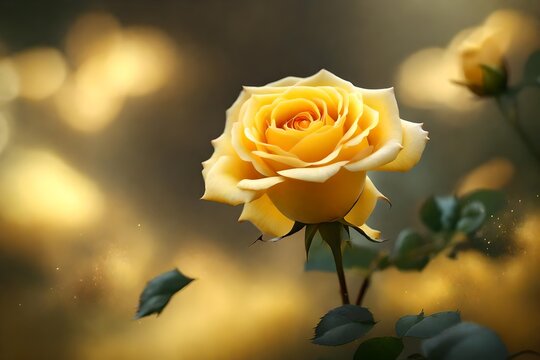 A picturesque image capturing the softness and warmth of a yellow rose with gently falling petals, presented in breathtaking