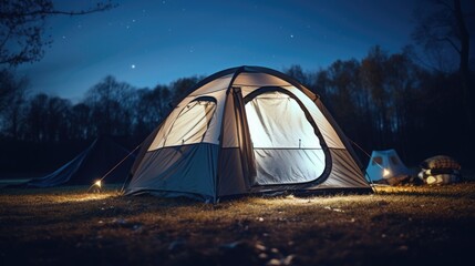 A tent illuminated in the darkness, suitable for outdoor and camping themes - obrazy, fototapety, plakaty