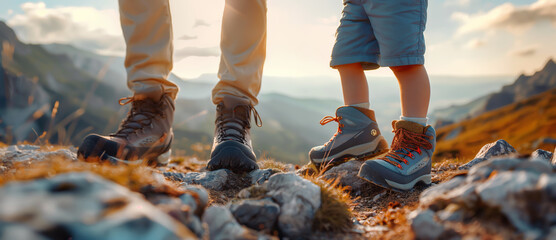 Mountains view - Hiking hiker traveler landscape adventure nature sport background panorama - Family, man and child, father and son feet with hiking shoes standing on top of a high hill or rock - Powered by Adobe