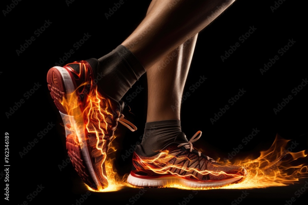 Poster Close up of a person's shoes on fire, suitable for concepts related to danger and emergency situations