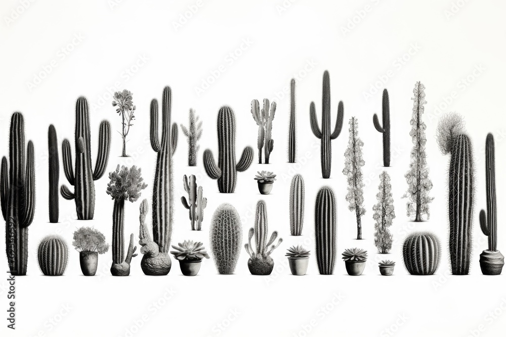 Poster a monochrome image showcasing various cactus plants. ideal for botanical projects
