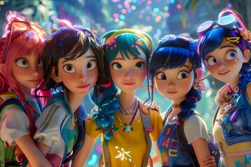 Naklejka premium Vibrant K-Pop Girl Group's Captivating Adventure in a Colorful Animated Movie Set