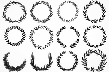 A collection of elegant laurel wreaths in black and white. Ideal for awards, certificates, and invitations - obrazy, fototapety, plakaty