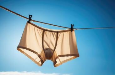 underpants hanging on a rope against the background of a bare sky