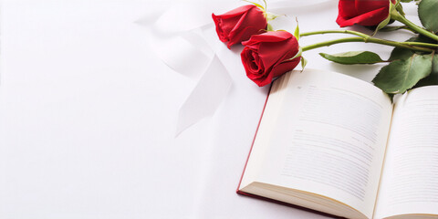 Still life of open book with red roses on white background