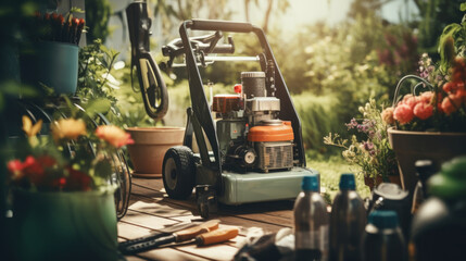 A lawn mower placed on a wooden table. Ideal for gardening or landscaping concepts - obrazy, fototapety, plakaty