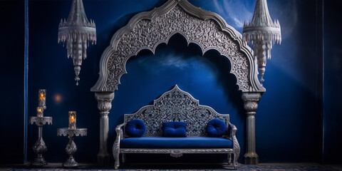 Blue and silver ornate furniture in a blue room with silver chandeliers.