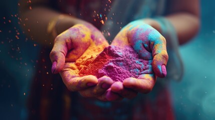 A person holding a handful of colored powder. Perfect for celebration events - obrazy, fototapety, plakaty