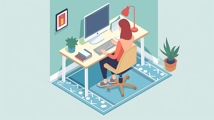 Woman Working at Home Office. Character Sitting at Desk in Room, Looking at Computer Screen and Talking with Colleagues Online. Home Office Concept. Flat Isometric Vector Illustration. 