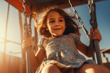 A young girl enjoying a peaceful moment on a swing. Perfect for family, childhood, and outdoor recreation concepts - obrazy, fototapety, plakaty