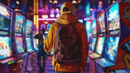 Obraz premium Immersed in Virtual Worlds A Gamer Embraces Online Communities and Streaming Apps in a Vibrant Arcade Scene