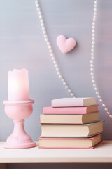 Pink books and candle on a shelf with a pink heart hanging on a pearl necklace.
