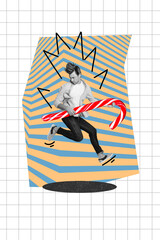 Vertical creative collage image of funny man jump hold big peppermint candycane sweet candy store billboard comics zine minimal
