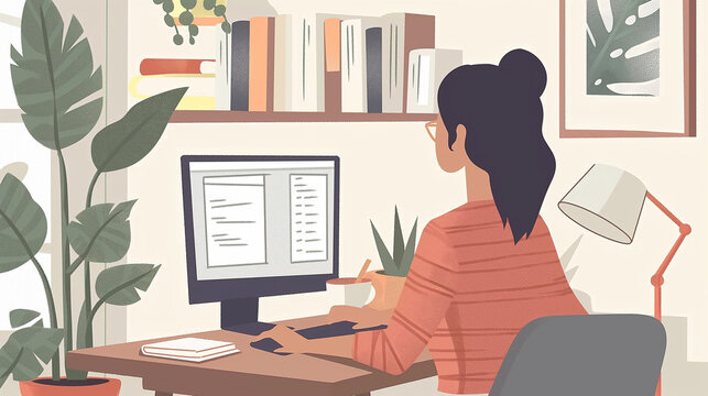 Woman Working at Home Office. Character Sitting at Desk in Room, Looking at Computer Screen and Talking with Colleagues Online. Home Office Concept. Flat Isometric Vector Illustration. 