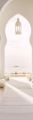 3D rendering of a bright minimal islamic archway with a view of the ocean in the background