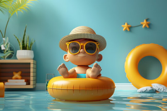 cute cartoon character with a rubber pool ring on vacation.. 3D render style