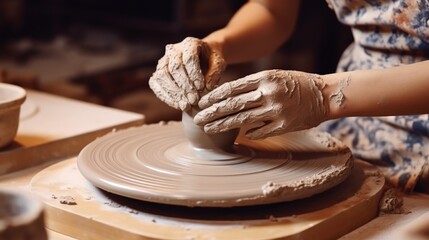 A woman creating a clay pot on a potter's wheel. Perfect for art and craft projects