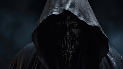 A man wearing a black hoodie with the hood covering his face. Suitable for mystery and anonymity concepts