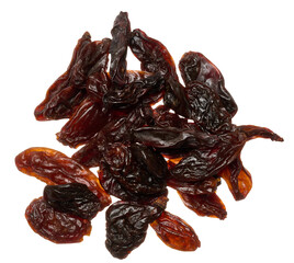 Pile of raisins on isolated background, top view