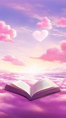 Pink cloudscape with a book and a floating heart in the sky.