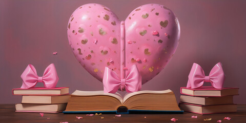 Pink heart, pink books, pink bow, open book, pink background, 3d illustration