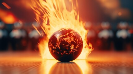 A flaming bowling ball on a court. Perfect for sports and entertainment concepts