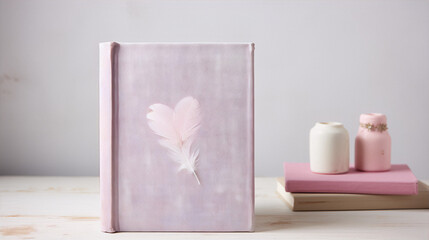 Pink book cover with feather on whitewashed wooden background.