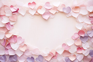Pink and purple paper hearts frame over a pink fabric background.