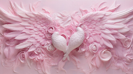 3D pink bas-relief of two doves in the middle of intertwined branches of roses with their wings spread in the shape of a heart.
