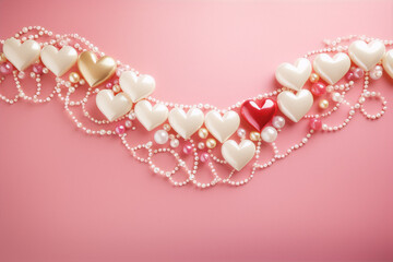 Pink background with a string of white and gold pearls and hearts with a red heart in the middle.