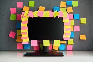Computer monitor full of blank colorful sticky notes reminders - 762347953
