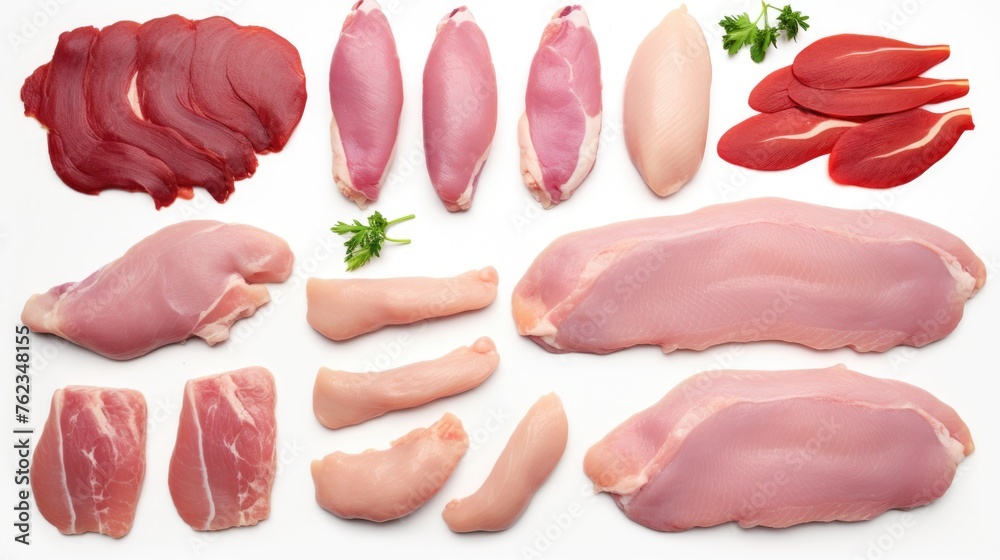Poster various raw meats displayed on a clean white background. ideal for food-related projects