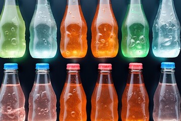 Various soda bottles in different colors, suitable for advertising purposes