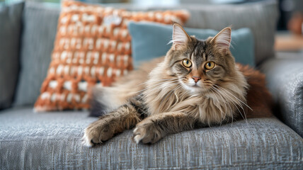  Adorable maine coon cat lying on sofa, ai