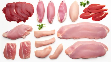 Various raw meats displayed on a clean white background. Ideal for food-related projects - obrazy, fototapety, plakaty