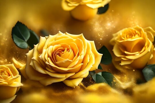 A breathtaking view capturing the radiant charm of a yellow rose and its petals, artistically portrayed in detailed