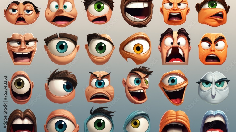 Poster cartoon faces displaying different emotions, suitable for various uses