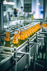 Conveyor belt filled with bottles of orange juice. Ideal for illustrating beverage production processes