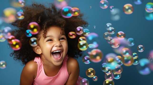Cheerful African little girl, soap bubbles are flying, portrait, blue background, banner, copy space