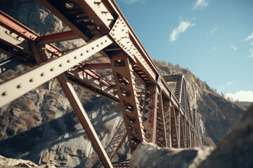 A train traveling over a bridge in the mountains. Suitable for transportation concepts